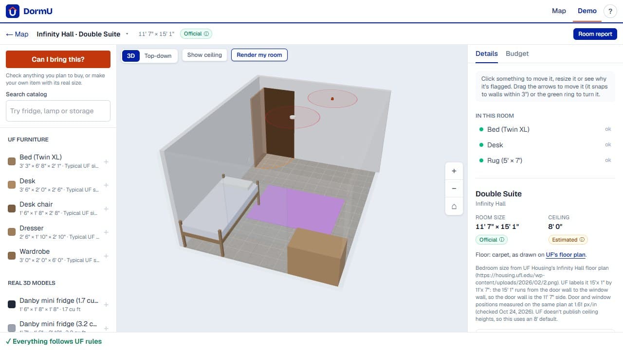 DormU’s Infinity Hall room editor showing furniture in 3D and checks beside the room